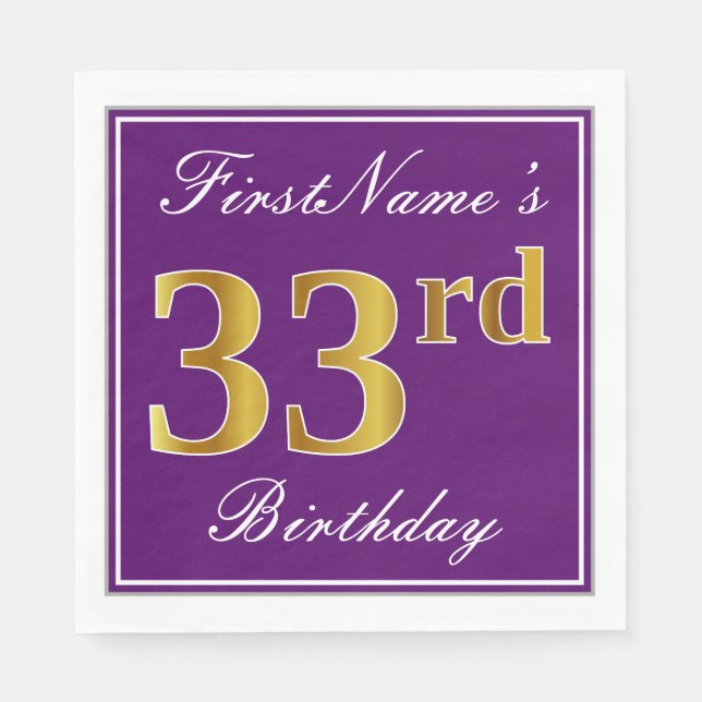 Elegant Purple, Faux Gold 33rd Birthday + Name Napkin (Front)