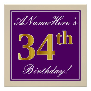 Elegant, Purple, Faux Gold 34th Birthday + Name Poster