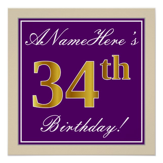Elegant, Purple, Faux Gold 34th Birthday + Name Poster (Front)