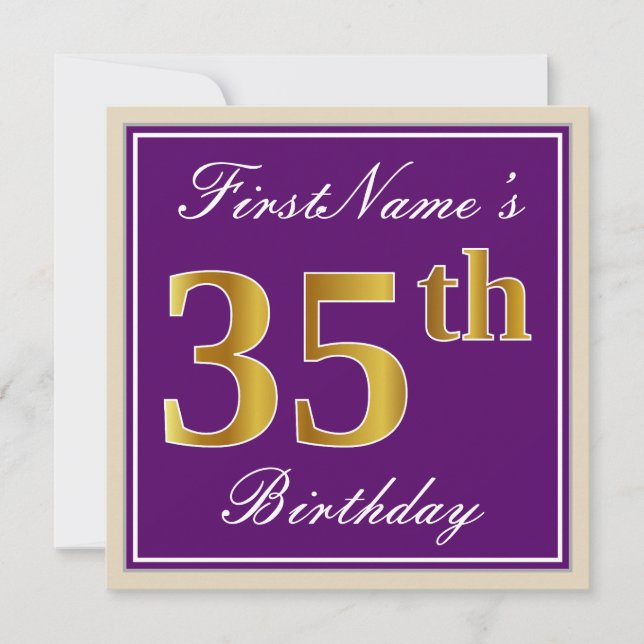 Elegant, Purple, Faux Gold 35th Birthday + Name Invitation (Front)