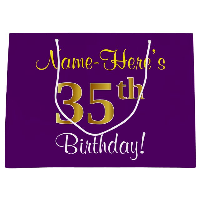Elegant, Purple, Faux Gold 35th Birthday + Name Large Gift Bag (Front)