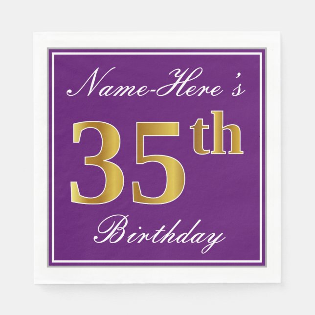 Elegant Purple, Faux Gold 35th Birthday + Name Napkin (Front)