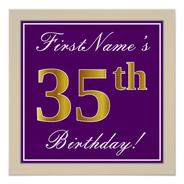 Elegant, Purple, Faux Gold 35th Birthday + Name Poster (Front)
