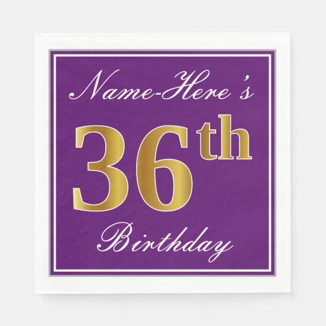 Elegant Purple, Faux Gold 36th Birthday + Name Napkin (Front)