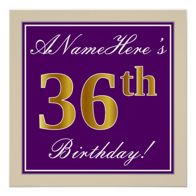 Elegant, Purple, Faux Gold 36th Birthday + Name Poster (Front)