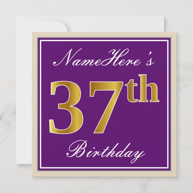 Elegant, Purple, Faux Gold 37th Birthday + Name Invitation (Front)