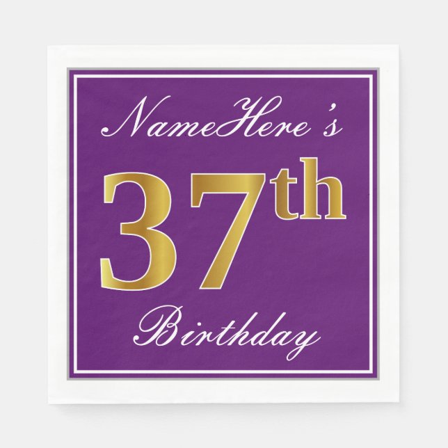 Elegant Purple, Faux Gold 37th Birthday + Name Napkin (Front)
