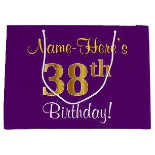 Elegant, Purple, Faux Gold 38th Birthday + Name Large Gift Bag