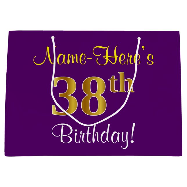 Elegant, Purple, Faux Gold 38th Birthday + Name Large Gift Bag (Front)
