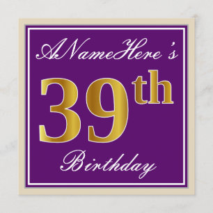 Elegant, Purple, Faux Gold 39th Birthday + Name Invitation