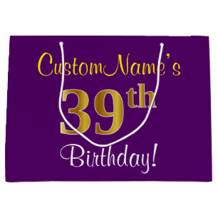 Elegant, Purple, Faux Gold 39th Birthday + Name Large Gift Bag