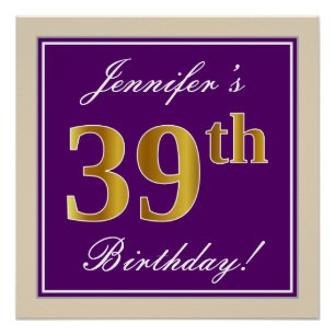 Elegant, Purple, Faux Gold 39th Birthday + Name Poster