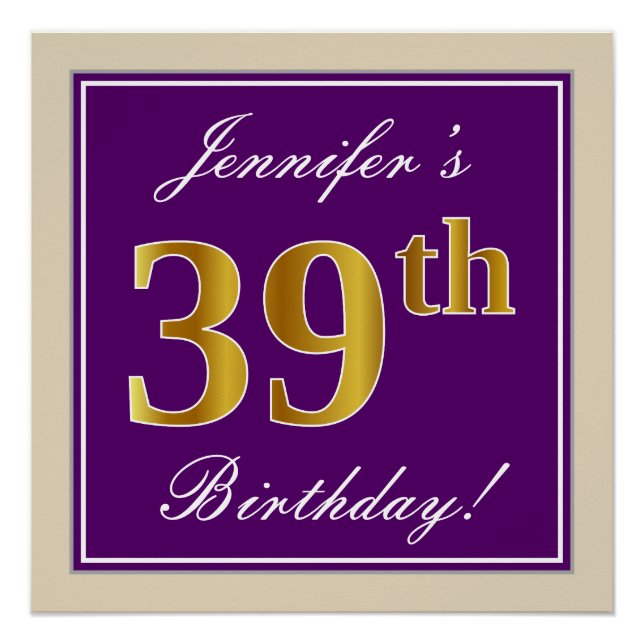 Elegant, Purple, Faux Gold 39th Birthday + Name Poster (Front)