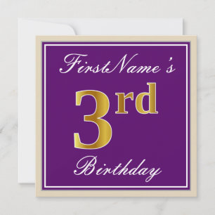 Elegant, Purple, Faux Gold 3rd Birthday + Name Invitation