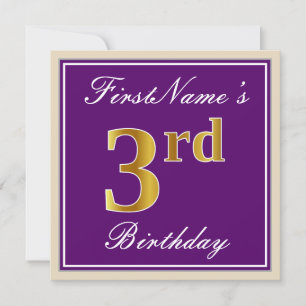 Elegant, Purple, Faux Gold 3rd Birthday + Name Invitation