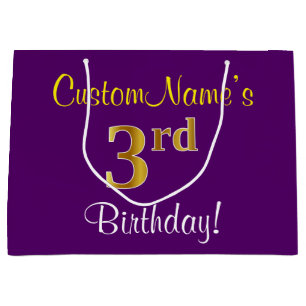 Elegant, Purple, Faux Gold 3rd Birthday + Name Large Gift Bag