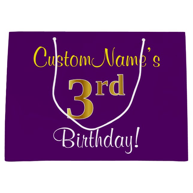 Elegant, Purple, Faux Gold 3rd Birthday + Name Large Gift Bag (Front)