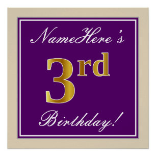 Elegant, Purple, Faux Gold 3rd Birthday + Name Poster