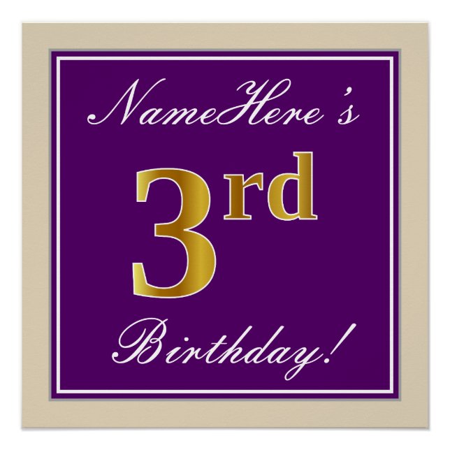 Elegant, Purple, Faux Gold 3rd Birthday + Name Poster (Front)