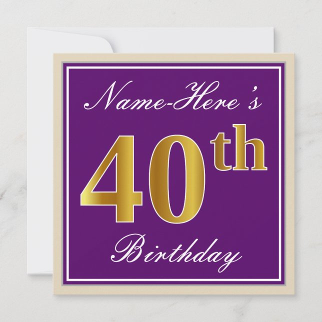 Elegant, Purple, Faux Gold 40th Birthday + Name Invitation (Front)