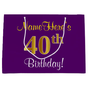 Elegant, Purple, Faux Gold 40th Birthday + Name Large Gift Bag