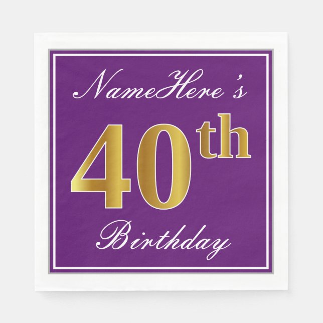 Elegant Purple, Faux Gold 40th Birthday + Name Napkin (Front)