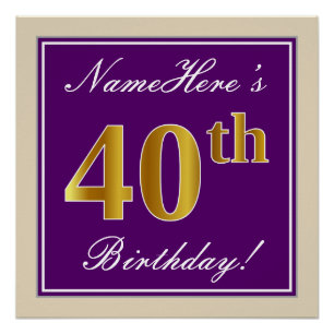 Elegant, Purple, Faux Gold 40th Birthday + Name Poster