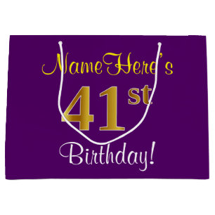 Elegant, Purple, Faux Gold 41st Birthday + Name Large Gift Bag