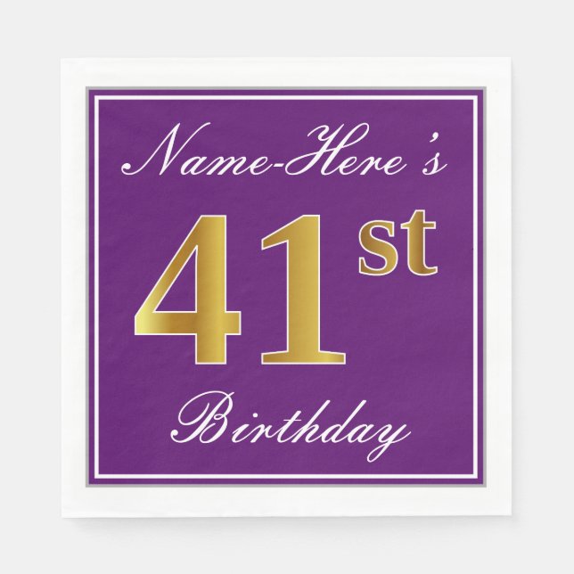 Elegant Purple, Faux Gold 41st Birthday + Name Napkin (Front)