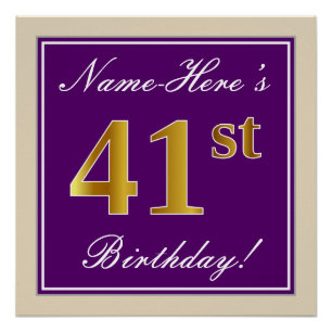 Elegant, Purple, Faux Gold 41st Birthday + Name Poster