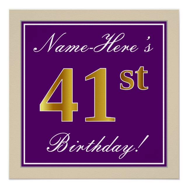 Elegant, Purple, Faux Gold 41st Birthday + Name Poster (Front)