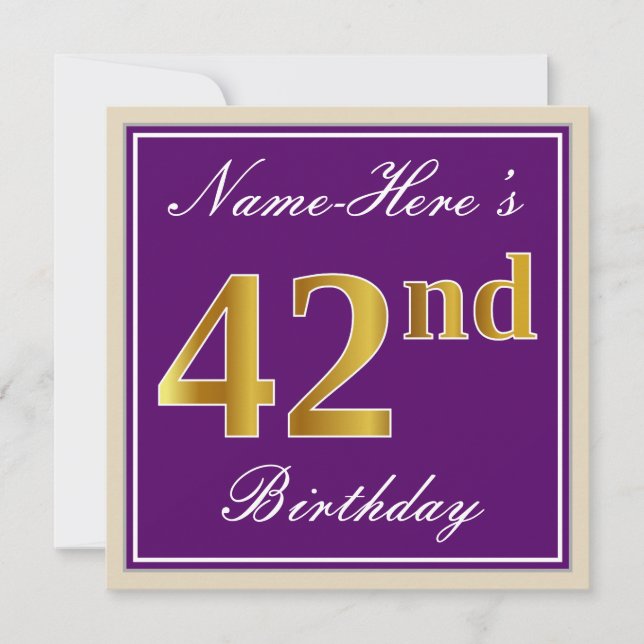 Elegant, Purple, Faux Gold 42nd Birthday + Name Invitation (Front)