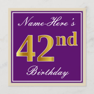 Elegant, Purple, Faux Gold 42nd Birthday + Name Invitation