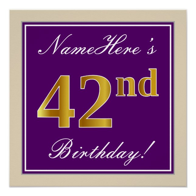 Elegant, Purple, Faux Gold 42nd Birthday + Name Poster (Front)
