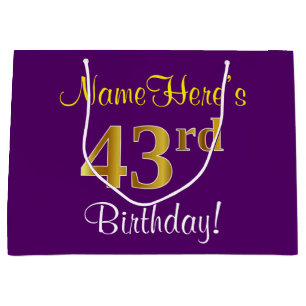 Elegant, Purple, Faux Gold 43rd Birthday + Name Large Gift Bag