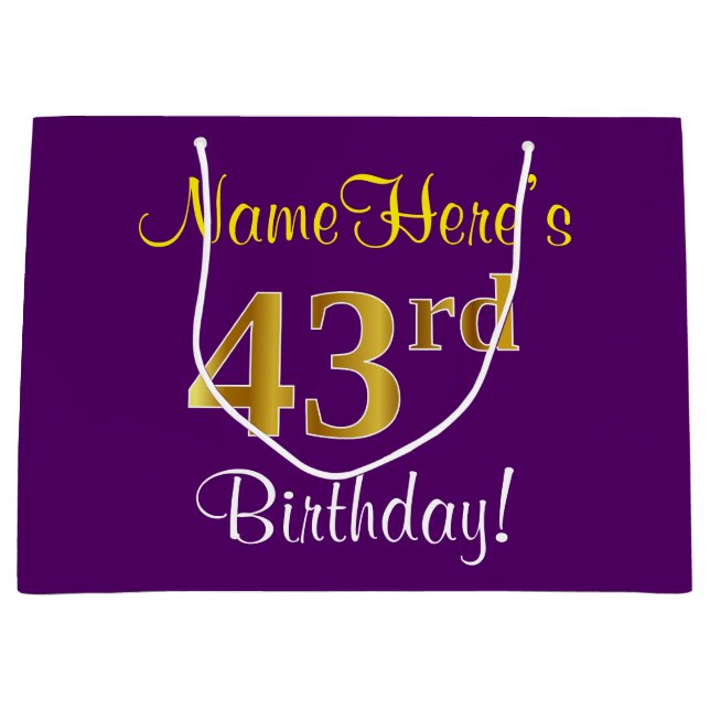 Elegant, Purple, Faux Gold 43rd Birthday + Name Large Gift Bag (Front)
