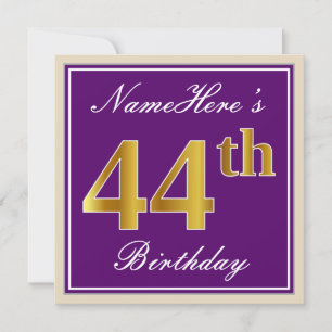 Elegant, Purple, Faux Gold 44th Birthday + Name Invitation