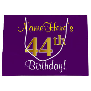 Elegant, Purple, Faux Gold 44th Birthday + Name Large Gift Bag
