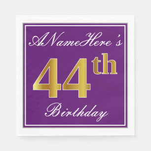 Elegant Purple, Faux Gold 44th Birthday + Name Napkin