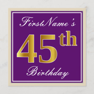 Elegant, Purple, Faux Gold 45th Birthday + Name Invitation
