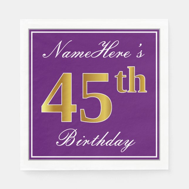 Elegant Purple, Faux Gold 45th Birthday + Name Napkin (Front)