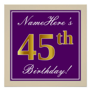 Elegant, Purple, Faux Gold 45th Birthday + Name Poster