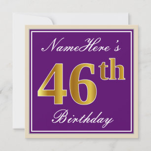 Elegant, Purple, Faux Gold 46th Birthday + Name Invitation