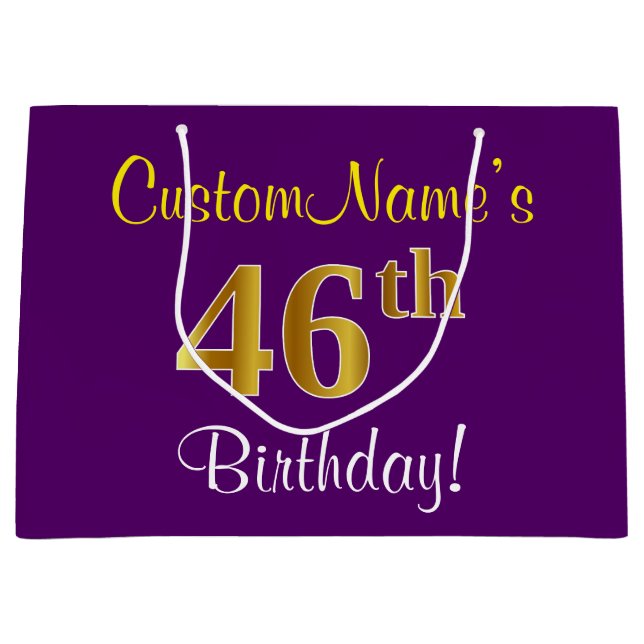 Elegant, Purple, Faux Gold 46th Birthday + Name Large Gift Bag (Front)