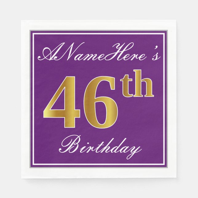 Elegant Purple, Faux Gold 46th Birthday + Name Napkin (Front)