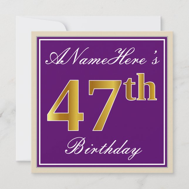 Elegant, Purple, Faux Gold 47th Birthday + Name Invitation (Front)