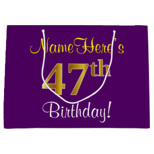 Elegant, Purple, Faux Gold 47th Birthday + Name Large Gift Bag