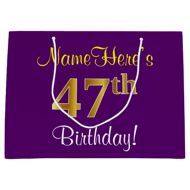 Elegant, Purple, Faux Gold 47th Birthday + Name Large Gift Bag (Front)