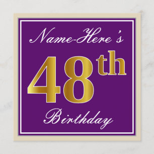 Elegant, Purple, Faux Gold 48th Birthday + Name Invitation