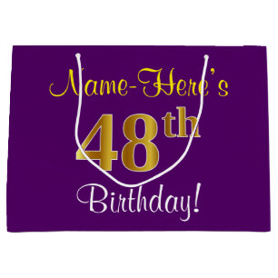 Elegant, Purple, Faux Gold 48th Birthday + Name Large Gift Bag